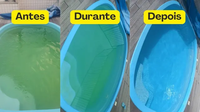 Montagem com três fotos da mesma piscina: antes, com a água verde, durante o tratamento e depois, com a água azul